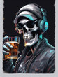 Portrait of a skeleton man with a skull. A skeleton in a baseball cap in a leather jacket with a glass of whiskey in his hand. Dark dramatic lighting.