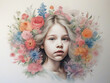 Portrait of a blonde child girl, dreamy facial expression. A girl against a background of flowers in soothing colors.