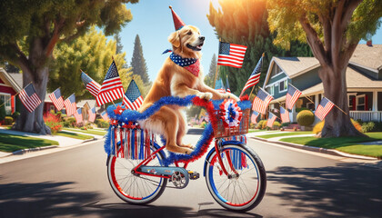 Dog riding a bicycle festively decorated with American flags, streamers in red, white, and blue, and sparkly decorations to celebrate the 4th of July.