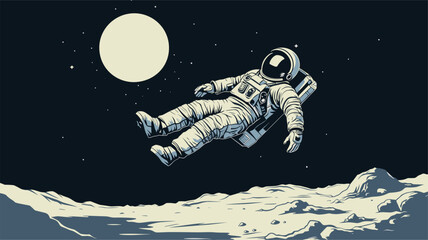 Wall Mural - abstract astronaut floating above the moon surface during landing. simple vector art