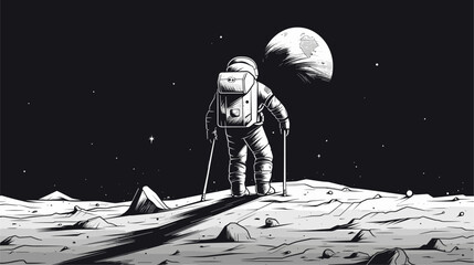 Abstract astronaut planting a flag on the newly discovered moon. simple Vector art