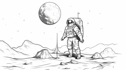 Wall Mural - abstract astronaut planting a flag on the newly discovered moon. simple vector art