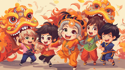 Wall Mural - Children performing a lion dance with vibrant costumes and masks. simple Vector art