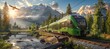 An Eco-Friendly Train Glides through a Breathtaking Mountain Landscape at Dawn, Generative AI
