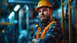 Confident Factory Worker With Safety Helmet Standing in a Manufacturing Plant
