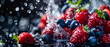 Fresh strawberries and blueberries getting splashed with water droplets on a dark, reflective surface with a blurred background enhancing the vibrant red and blue colors.