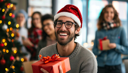 Poster - Colleagues in an office setting are seen participating in a Secret Santa gift exchange - capturing the spirit of workplace camaraderie - wide format