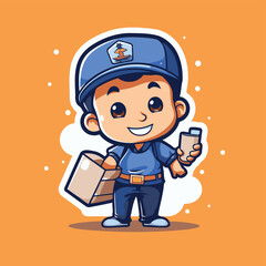 Wall Mural - Cute Delivery Boy Holding a Box and Smartphone Cartoon Vector Illustration