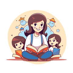 Canvas Print - Vector illustration of a young mother reading a book with her children.