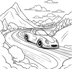 Sticker - Black and white illustration of a sports car driving on a mountain road.