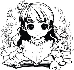 Cute little girl reading a book. Black and white vector illustration.