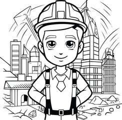 Construction worker with helmet and safety equipment in cityscape cartoon vector illustration graphic design