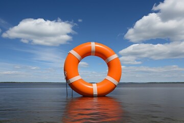 Orange lifebuoy on sea and sky background. Nautical safety and rescue concept for water activities