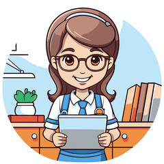 Poster - Cute little girl in glasses holding a tablet computer. Vector illustration.