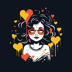 Sticker - Fashion girl in sketch-style with hearts. Vector illustration.