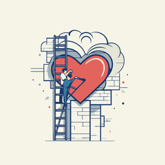 Sticker - Vector illustration of man building heart on ladder. Line art design for web. site. advertising. banner. poster. board and print.