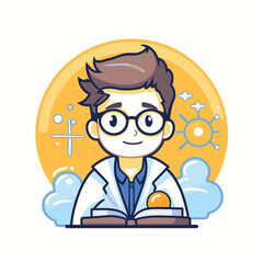 Poster - Cartoon boy scientist in lab coat with book. Vector illustration.