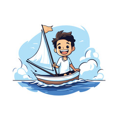 Sticker - Cartoon boy with sailboat on the sea. Vector illustration.