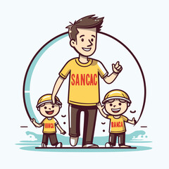 Wall Mural - Smiling construction worker with his children. Vector illustration in cartoon style.