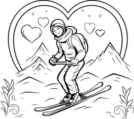 Poster - Vector illustration of skier in the mountains. Line art style.