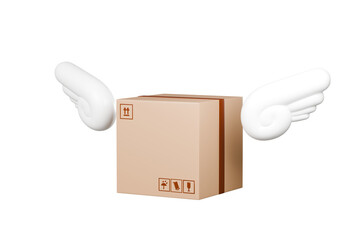 Wall Mural - 3d parcel box or cardboard box with fly wing icon. Online Shopping delivery service or shipping and global logistic concept, Fast cargo shipment delivery concept. 3d rendering. illustration.