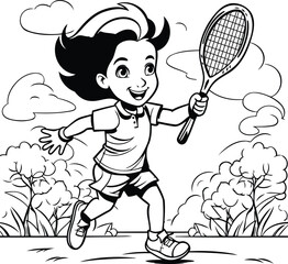 Sticker - Little Boy Playing Tennis - Black and White Cartoon Illustration. Vector