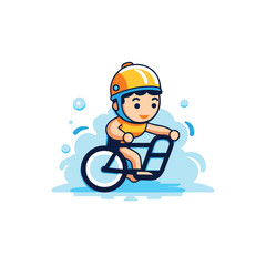 Canvas Print - Little boy in helmet riding a bicycle. Flat style vector illustration.