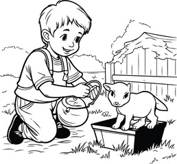 Wall Mural - Cute little boy playing with a dog in the garden. black and white vector illustration