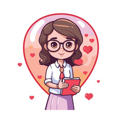 Poster - Vector illustration of a cute girl holding a book in the shape of a heart