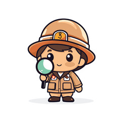 Wall Mural - Cute explorer boy with magnifying glass. Cartoon vector illustration.