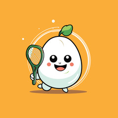 Poster - Cute cartoon character white egg with tennis racket on orange background.