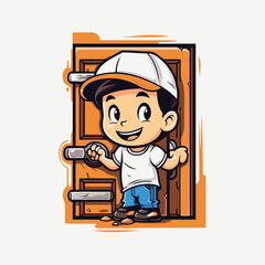 Poster - Cartoon boy opening the door with a key. Vector illustration.