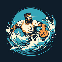 Sticker - Vector illustration of a man surfing with a ball in his hand.