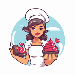 Poster - Cute woman chef holding cupcake and muffin. Vector illustration.