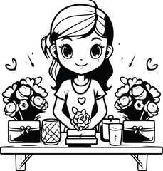 Sticker - Cute little girl making bouquet of flowers. Vector illustration.