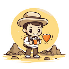 Poster - Cute cartoon explorer boy with a cup of coffee. Vector illustration.