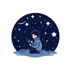 Sticker - Vector illustration of a boy reading a book in the night sky.