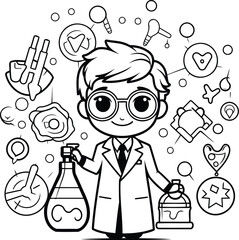 Sticker - Black and white vector illustration of a scientist holding a flask with chemical elements