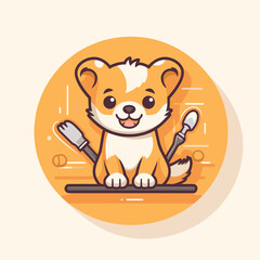 Poster - Cute dog with a spoon and fork. Vector illustration in flat style