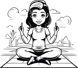 Sticker - Young woman meditating in the park. Black and white vector illustration.