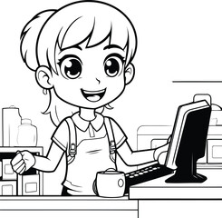 Poster - Cute little girl working at the computer. Black and white vector illustration.