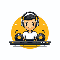 Sticker - Cute boy DJ playing music on the console. Vector illustration.