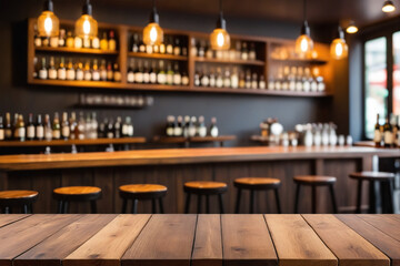 Aufkleber - Defocused background and bottles of restaurant bar or cafeteria background wooden table top for pro