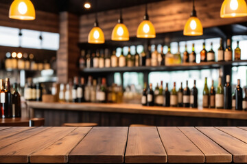 Aufkleber - Defocused background and bottles of restaurant bar or cafeteria background wooden table top for pro