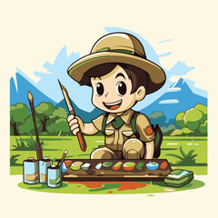 Wall Mural - Illustration of a Kid Boy in a Camping Outfit with a Paintbrush