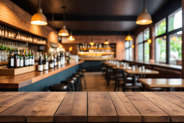 Aufkleber - Defocused background and bottles of restaurant bar or cafeteria background wooden table top for pro