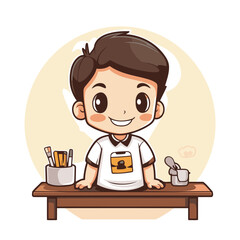 Sticker - Cute little boy sitting at the bar counter and smiling. Vector illustration.