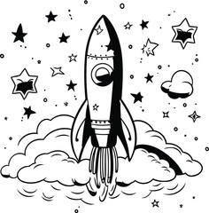 Sticker - Space rocket with stars and clouds. doodle style. vector illustration