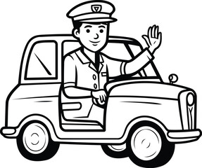 Canvas Print - Police officer waving hand and driving a car. Vector illustration in outline style.