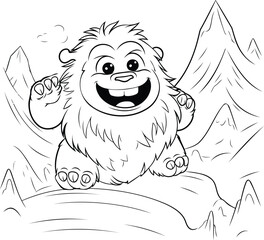 Black and white vector illustration of a smiling lion sitting on a rock